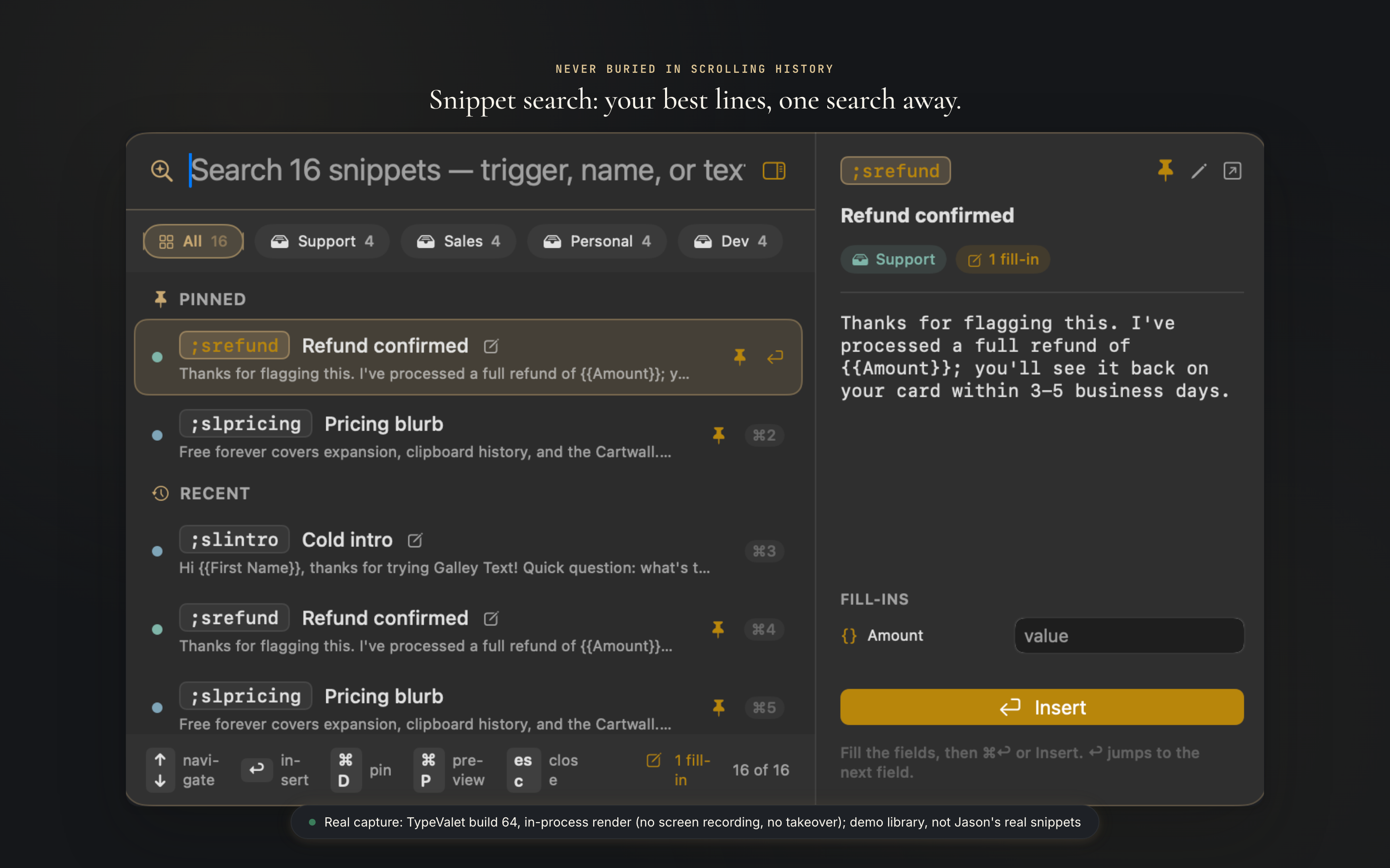 TypeValet's snippet search, dark theme