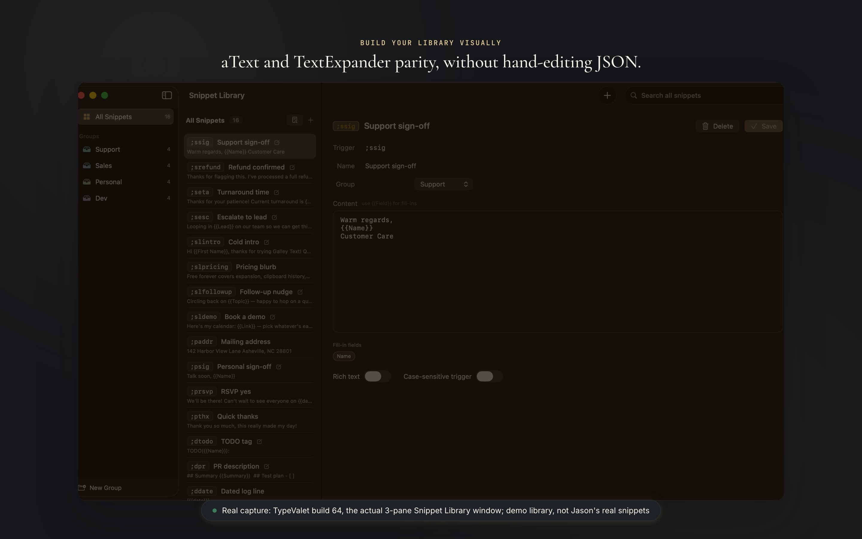 TypeValet's Snippet Library editor, dark theme