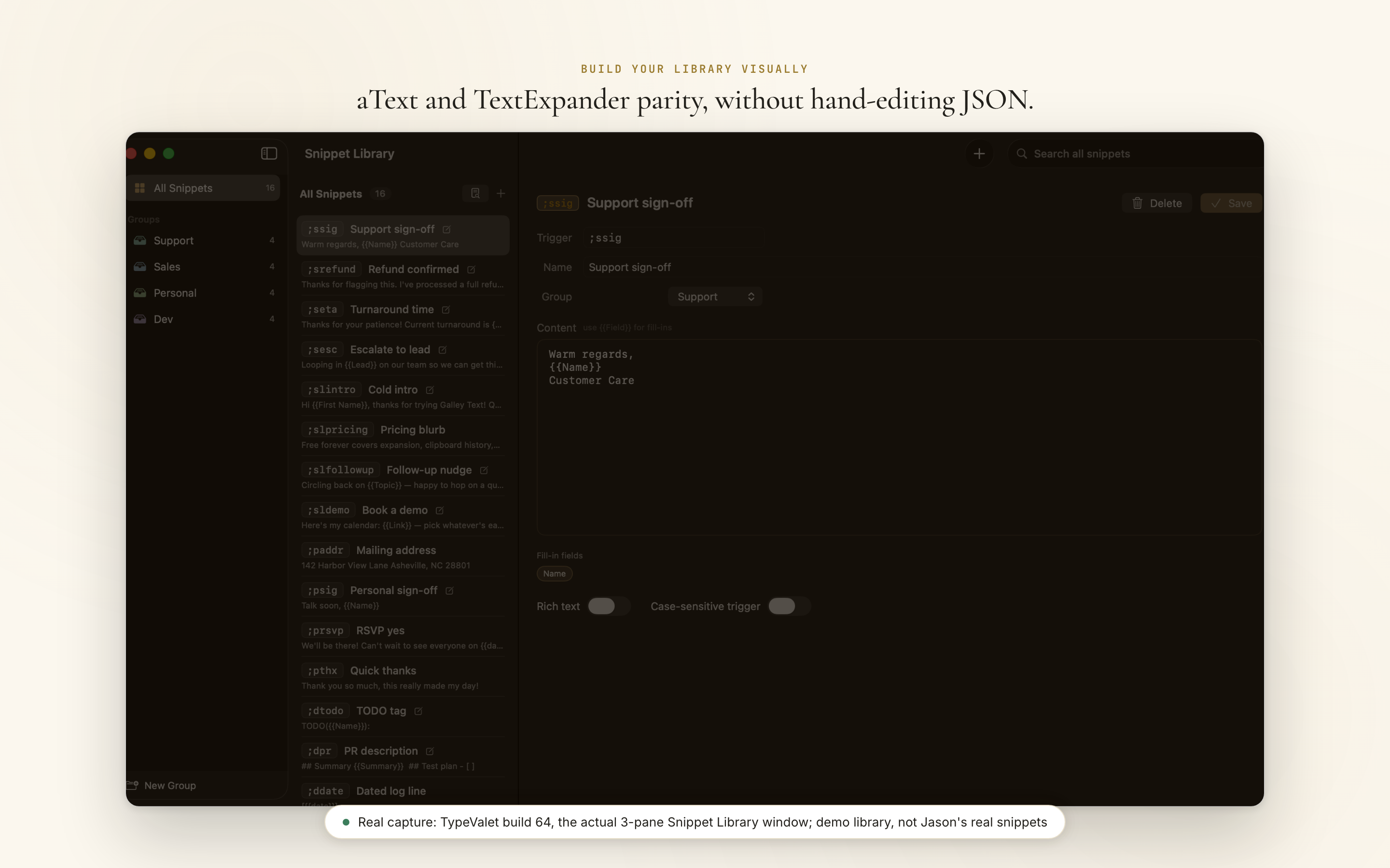 TypeValet's Snippet Library editor: a three-pane view of groups, the snippet list, and an editor with a detected Name fill-in field