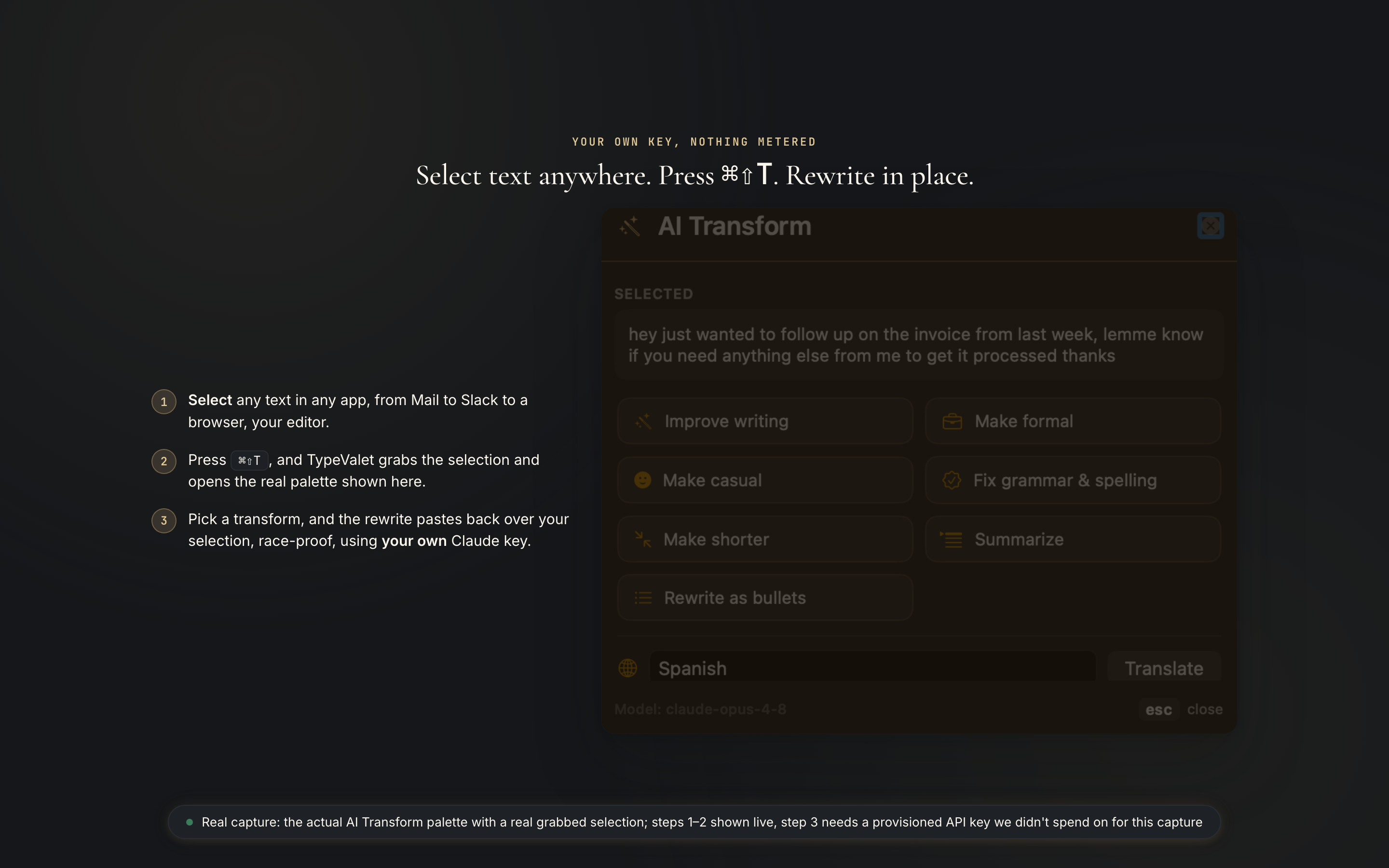 TypeValet's AI Transform palette, dark theme