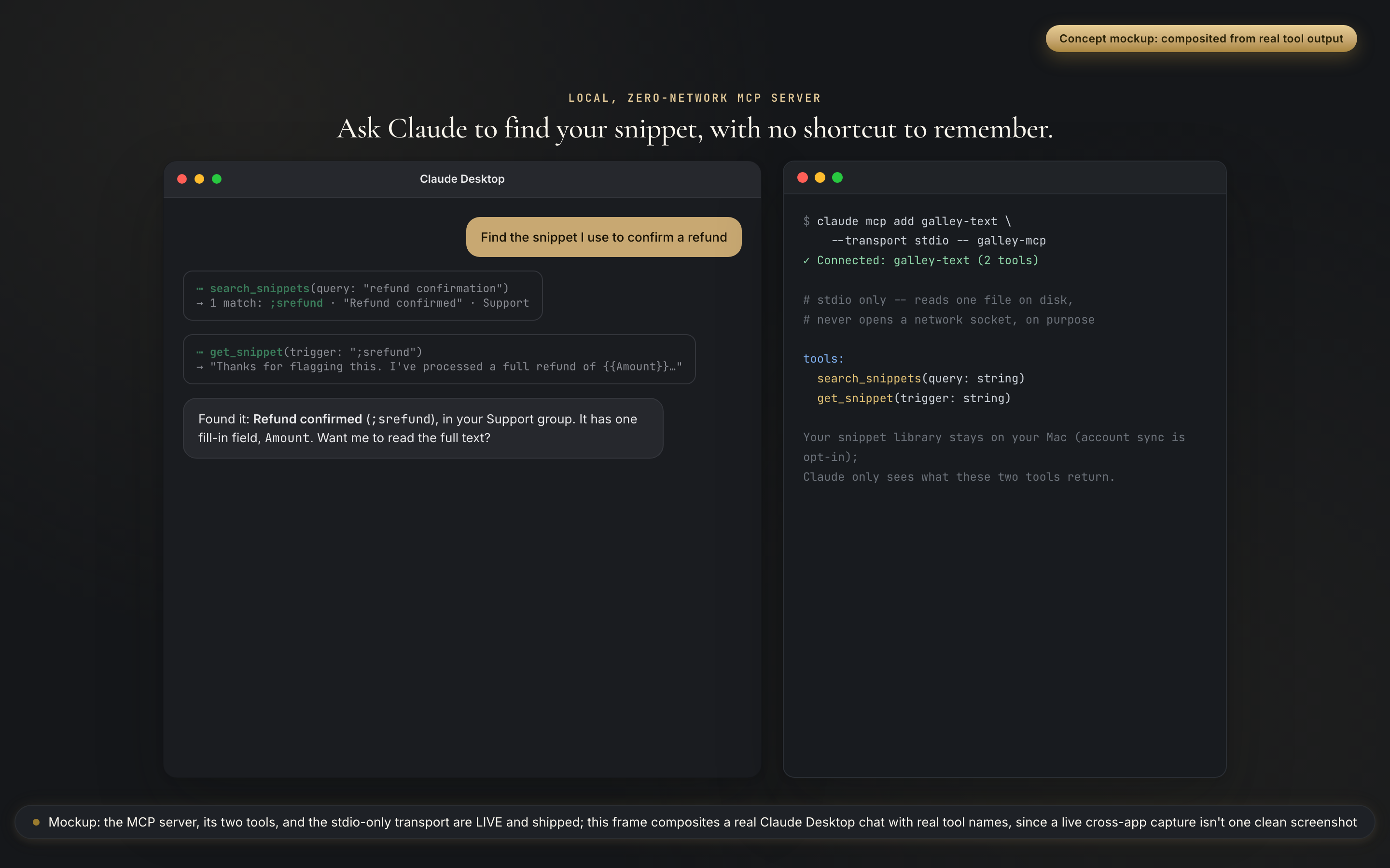 Claude Desktop finding a TypeValet snippet, dark theme