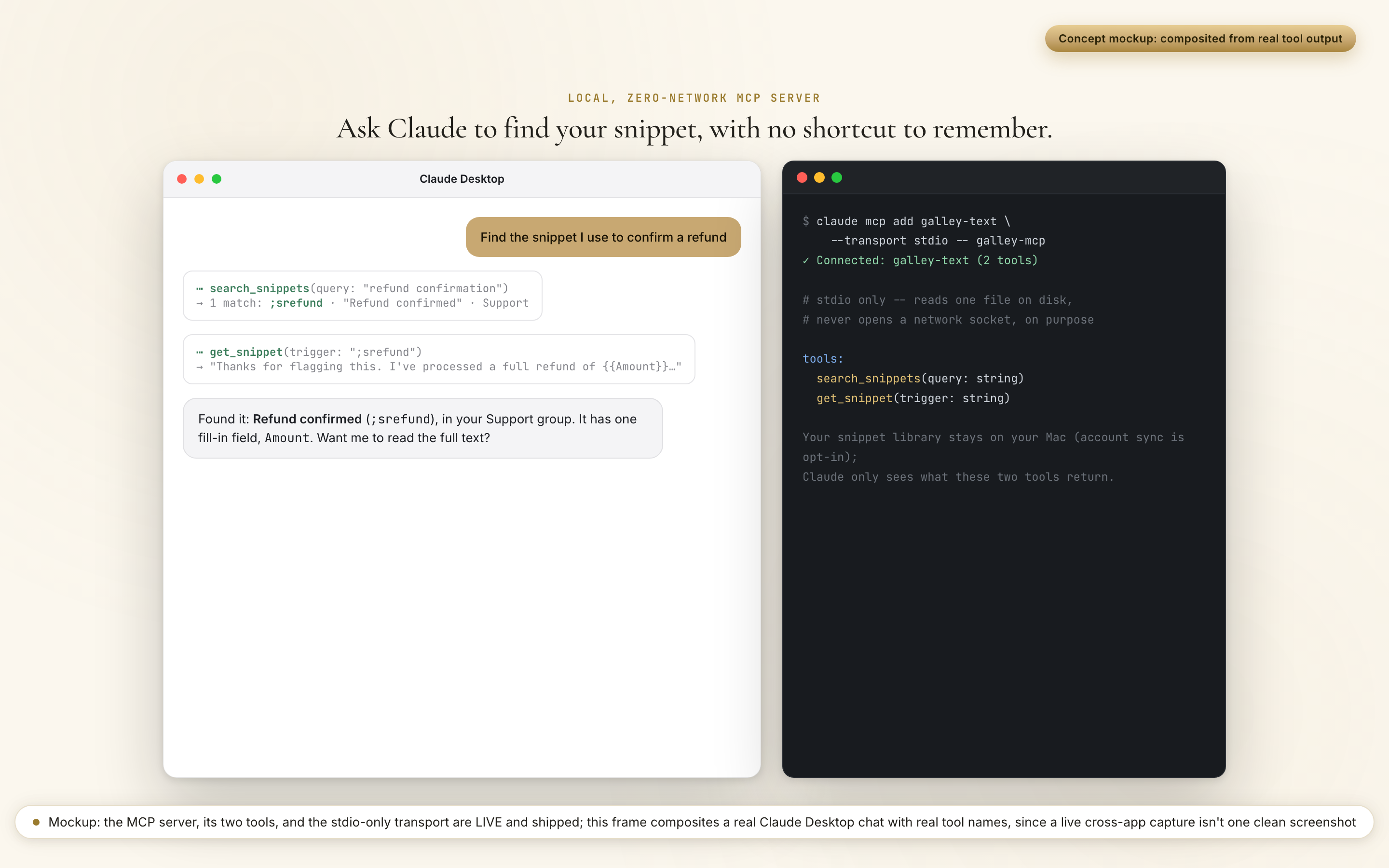 Claude Desktop finding a TypeValet snippet by description, beside a terminal showing the local stdio MCP connection and its two tools