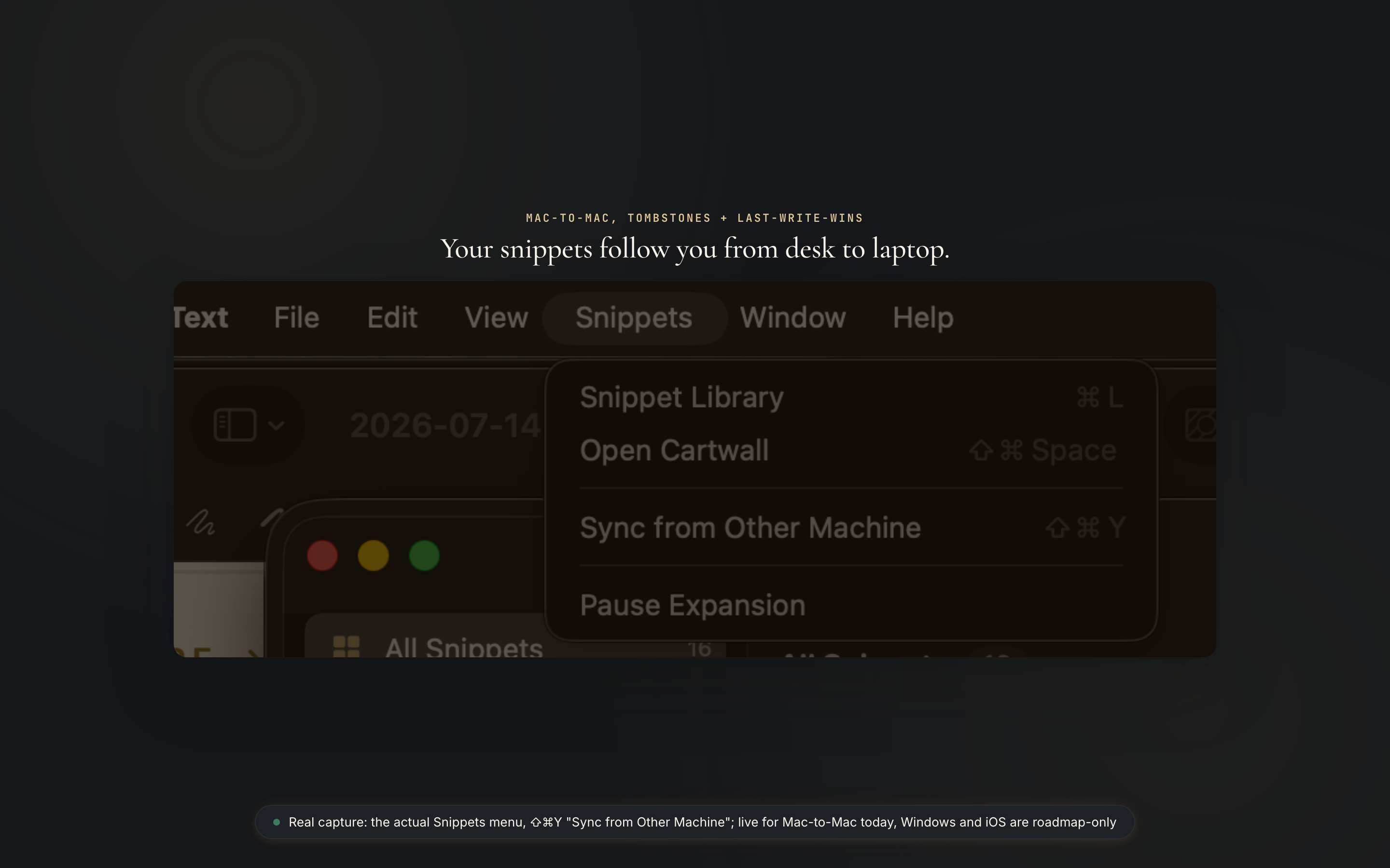 TypeValet's Snippets menu, dark theme