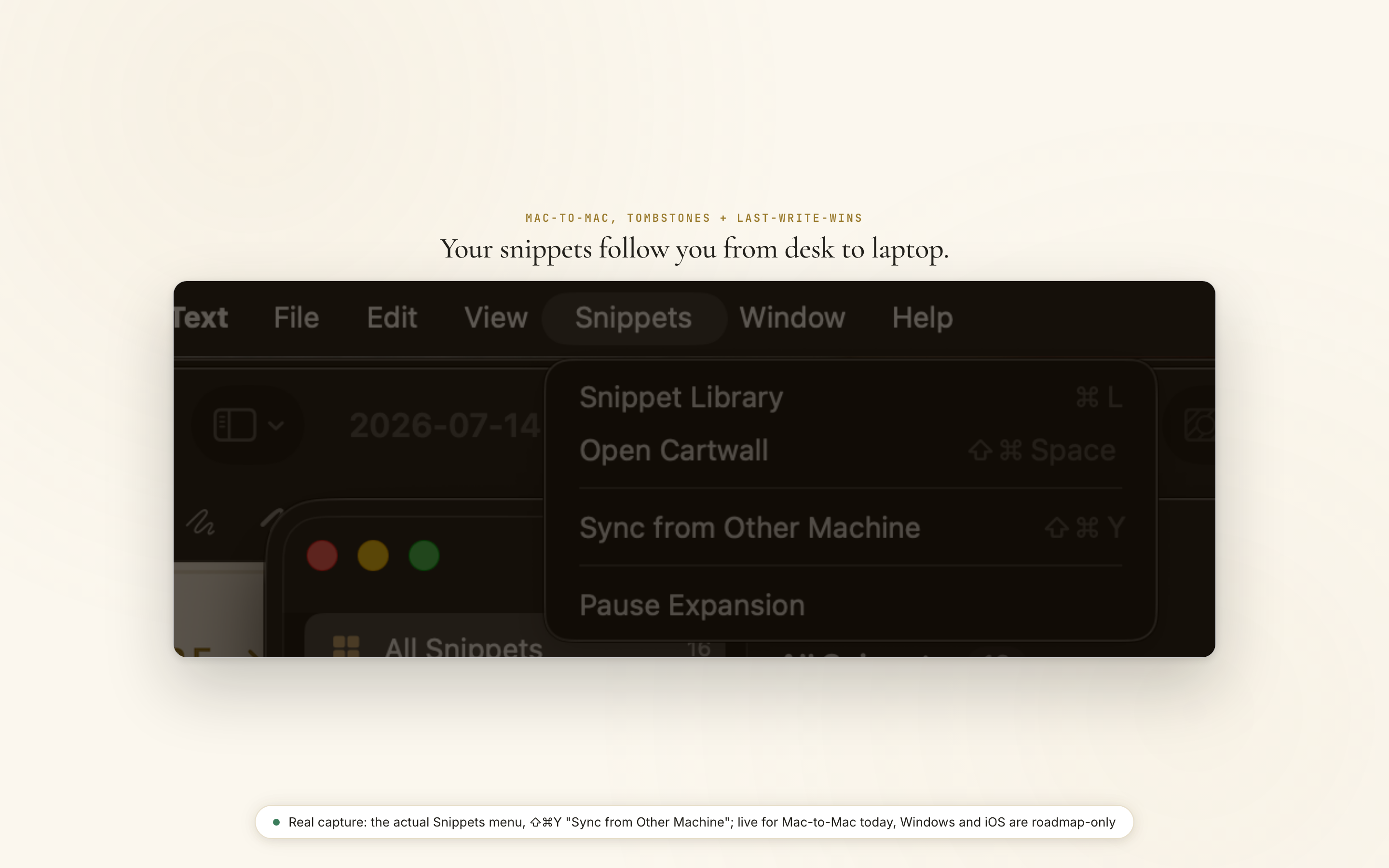 TypeValet's Snippets menu open in the Mac menu bar, showing Sync from Other Machine