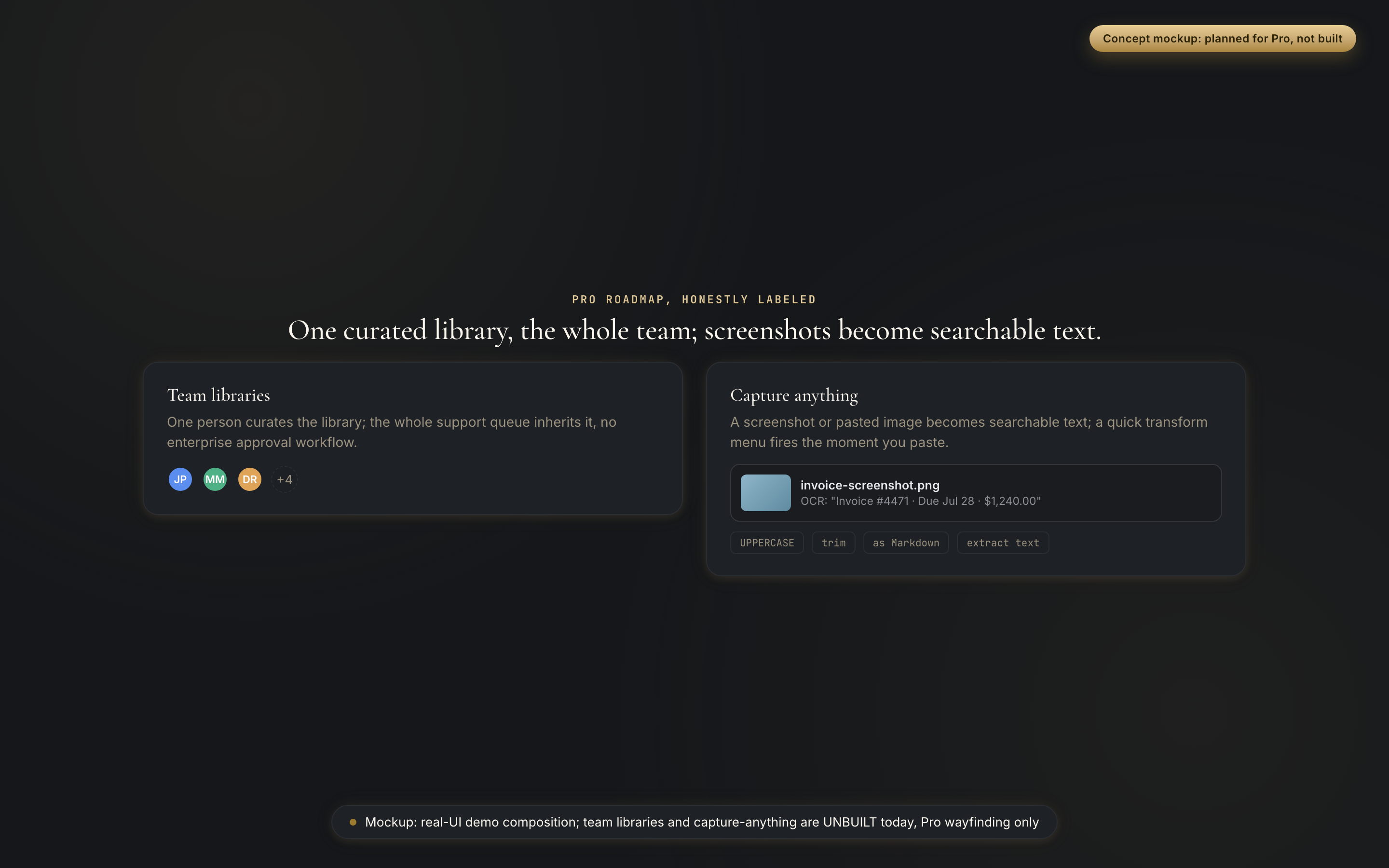 Team libraries and capture-anything cards, dark theme