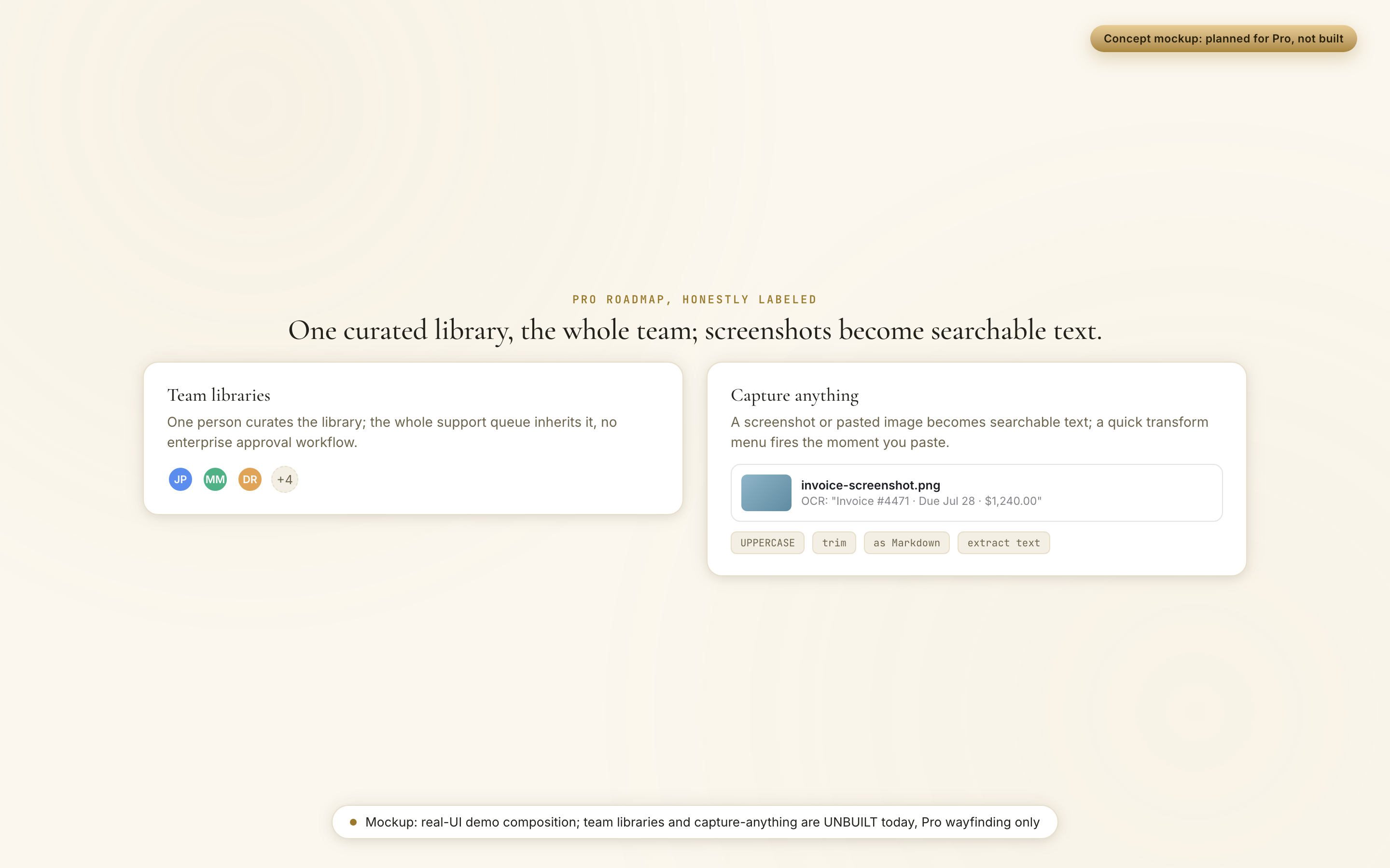 A team libraries card showing shared library members, next to a capture-anything card showing OCR text pulled from a pasted invoice screenshot