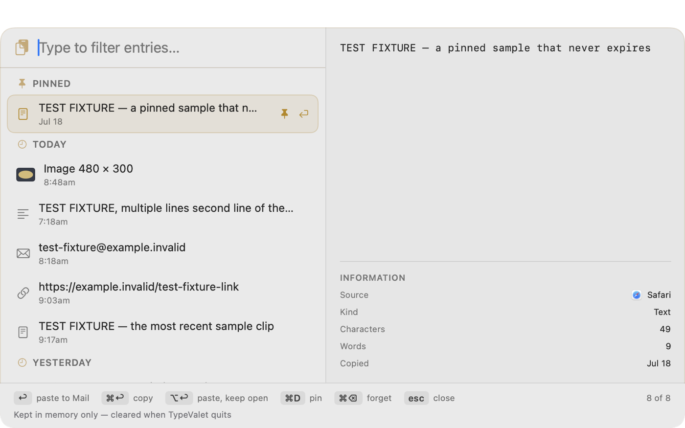 The TypeValet clipboard history palette, showing pinned and recent clips grouped by age, with a picture clip and its details.